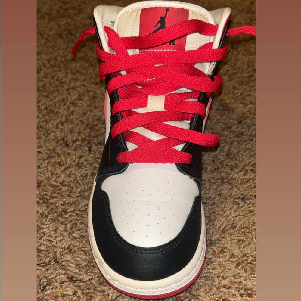 White and red Jordan 1 mid trainers #sneakers